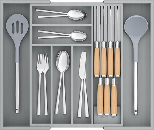 Bamboo-Silverware-Drawer-Organizer-Kitchen, Expandable Utensil Holder Cutlery Tray Flatware Organization Adjustable Wood Tableware Dividers Storage (with Removable Knife Block)(Grey)