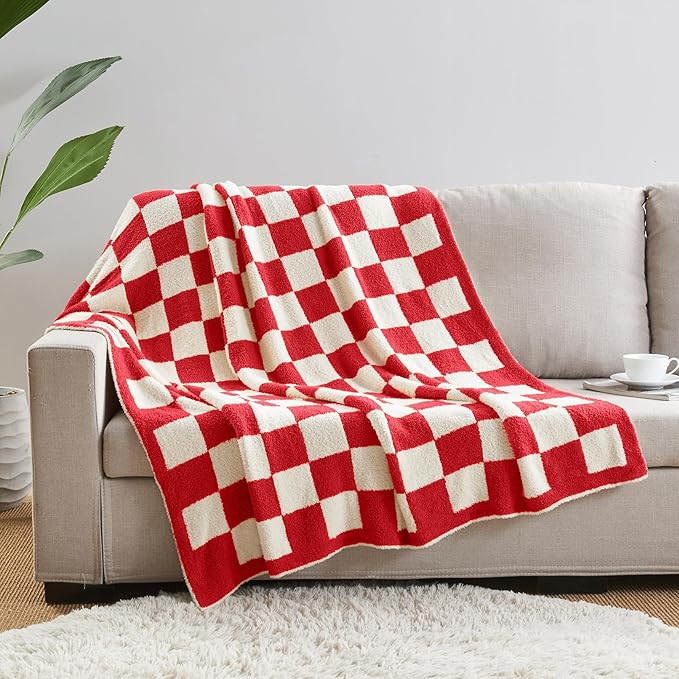 CozeCube Checkered Blanket, Ultra Soft Cozy Christmas Red and White Throw Blanket, Warm Cozy Knit Fuzzy Plush Checkerboard Throw for Couch Bed Sofa, 50"x60"