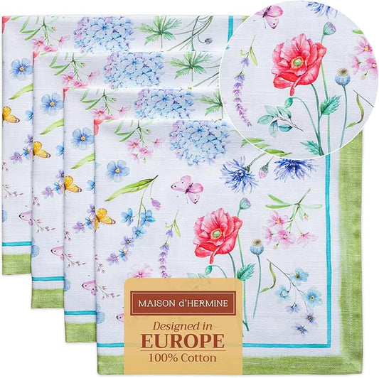 Maison d' Hermine Cloth Napkins Set of 4 100% Cotton Everyday Reusable Square Napkins Cloth Washable, Dinner, Party, Wedding, Restaurant, Spring/Summer (Just Floral, 20" x 20")