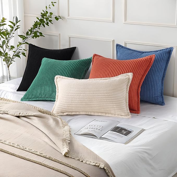 Mecatny Corduroy Throw Pillow Covers 22x22 Set of 2, Neutral Decorative Soft Boho Couch Pillow Covers with Broadside for Sofa Living Room, Navy