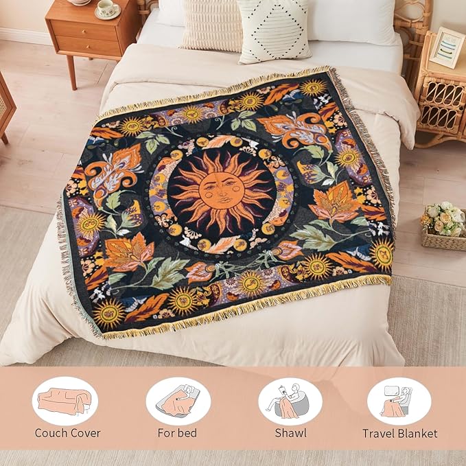 Boho Throw Blanket Reversible Cotton Bohemian Tapestry Hippie Room Decor Outdoor Blanket Double Sided (Boho Sun Black 50"x60")