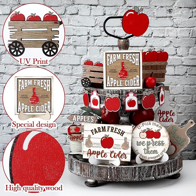 19 Pcs Vintage Fall Tiered Tray Decor Autumn Farmhouse Home Decorations Set Fall Wood Tray Decor Autumn Thanksgiving Day Decorative Sign for Tabletop Kitchen Office Decorations