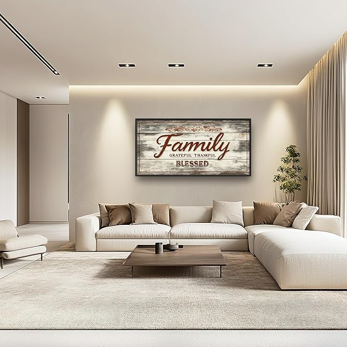 Large Family Wall Art Family Word Sign Pictures Wall Decor Home Quotes Grateful Thankful Blessed Canvas Painting Print Artwork Framed for Living Room Bathroom Master Bedroom 60L" x 30W"