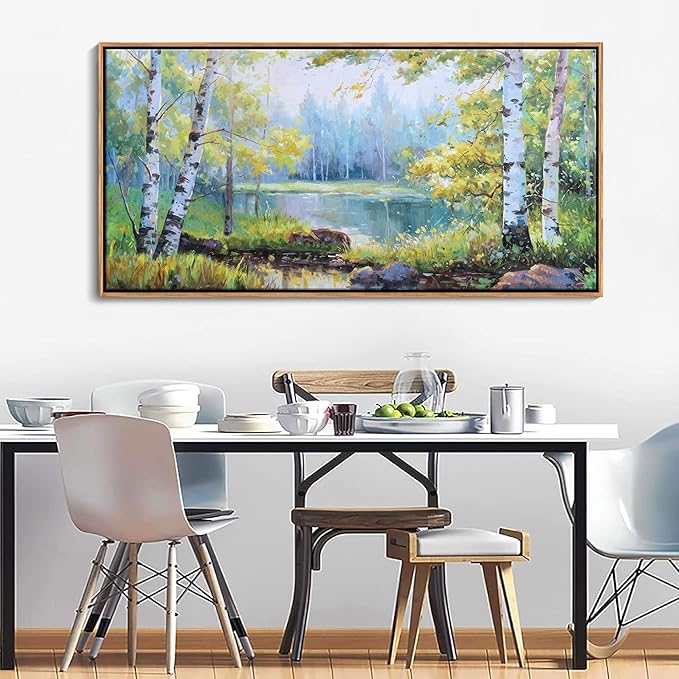 YCPRIMER Large Forest Wall Art Green Trees Picture for Living Room Landscape Birch Tree Painting Home Bedroom Decoration Green and White Framed Artwork Decor 29×58IN