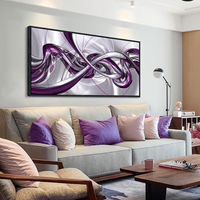 Pogusmavi Purple Wall Art - 3D Framed Canvas Abstract Art for Living Room, Modern Silver Wall Decor, Office Artwork, Bedroom Pictures, Contemporary Prints, Paintings for Wall Decorations 29×58IN