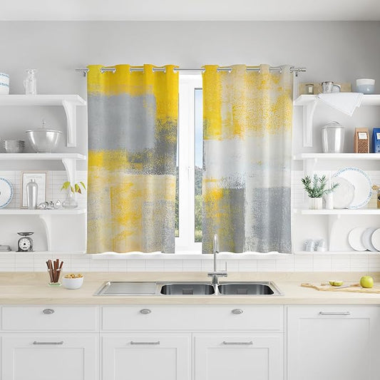 Yellow Window Curtain Yellow Grey Abstract Thermal Insulating Drapes Rust Art Treatment Drapes Modern Curtains for Living Room Bedroom Hotel, 26" x 36", 2 Panels