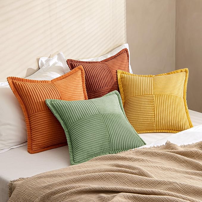 MIULEE Fall Burnt Orange Green Throw Pillow Covers 18x18 Inch 4 Packs Soft Boho Decorative Color-Clash Pillow Cases Modern Farmhouse Cushion Cases for Couch Sofa Bed Corduroy Striped Home Decor