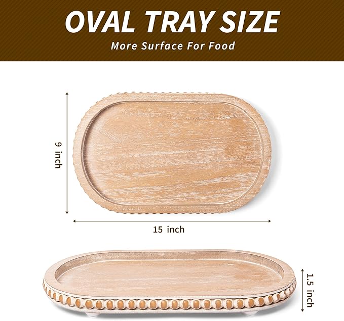HPC Decor 15in Oval Tray for Home Decor - Brown Wood Beaded Tray - Decorative Serving Tray,Rustic Farmhouse Wooden Trays for Vintage Centerpiece,Kitchen Counter,Living Room Decor,Coffee Table Decor.
