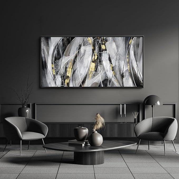 KLAKLA Abstract Frame Wall Art - Black and White Picture for Living Room Black and Gold Framed Artwork Canvas Art Work for Office Home Decor Bedroom Wall Decoration - 48x24 Inches
