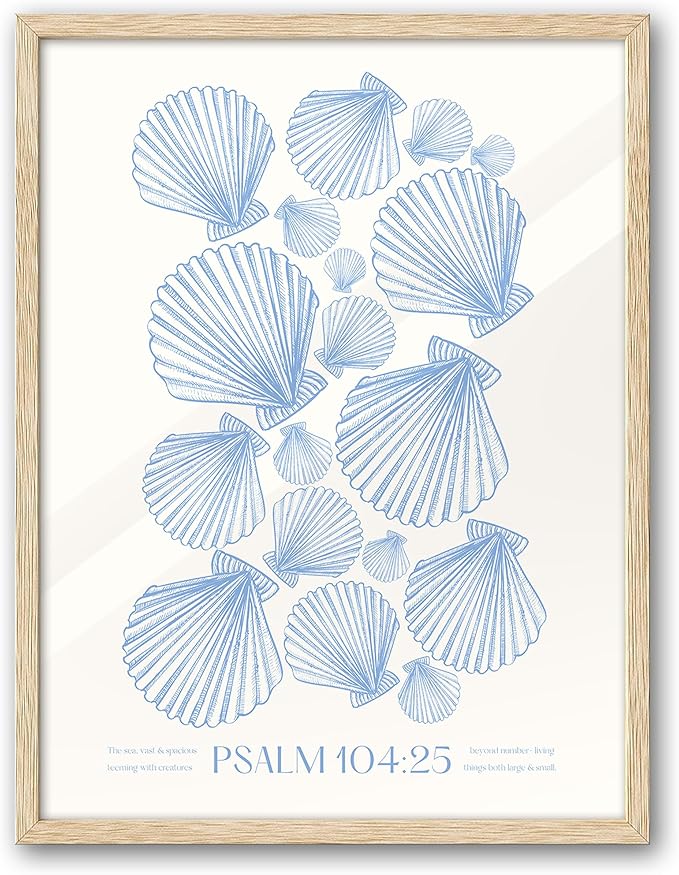 EcoHest Christian Bible Verse Framed Wall Art, Large 16x20in OAK Wood Trendy Seashell Nautical Scripture Quote Canvas Wall Art, Psalm 104:25 Home Decor, Beige Logs Set of 1 for Bedroom Living Room