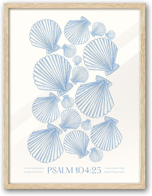 EcoHest Christian Bible Verse Framed Wall Art, 12x16 in OAK Wood Trendy Seashell Nautical Scripture Quote Canvas Wall Art, Psalm 104:25 Home Decor, Beige Logs Set of 1 for Bedroom Living Room