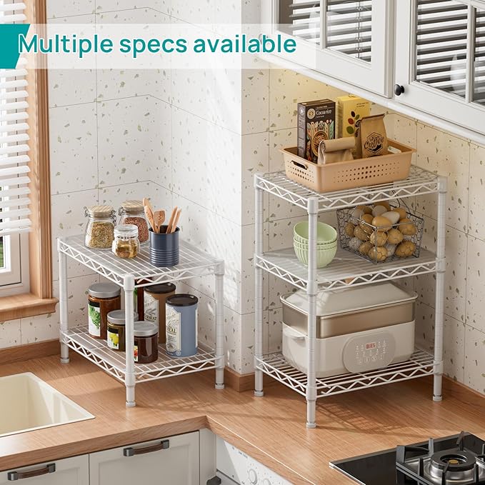SINGAYE 2 Small Shelves Kitchen Storage Shelf Wire Shelving Unit Metal Shelf Adjustable Organizers Storage Shelving for Office Pantry White 12" D X 18" W X 12" H