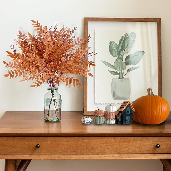 Sggvecsy 4 Pack Artificial Fall Greenery Stem Autumn Faux Flowers Autumn Faux Plants Silk Fall Shrubs Bushes Fall Leaves Stem for Indoor Outdoor Home Table Centerpieces Thanksgiving Decoration（Orange）