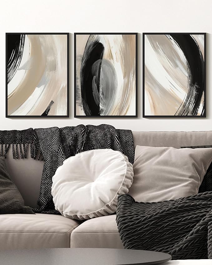 KUVIOKE Black Neutral Abstract Framed Wall Art Modern Minimalist Graffiti Pastel Wall Decor Art for Bedroom Living Room Hallway Ready to Hang 11x14in (Black Framed)