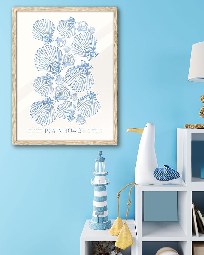 EcoHest Christian Bible Verse Framed Wall Art, Large 16x20in OAK Wood Trendy Seashell Nautical Scripture Quote Canvas Wall Art, Psalm 104:25 Home Decor, Beige Logs Set of 1 for Bedroom Living Room