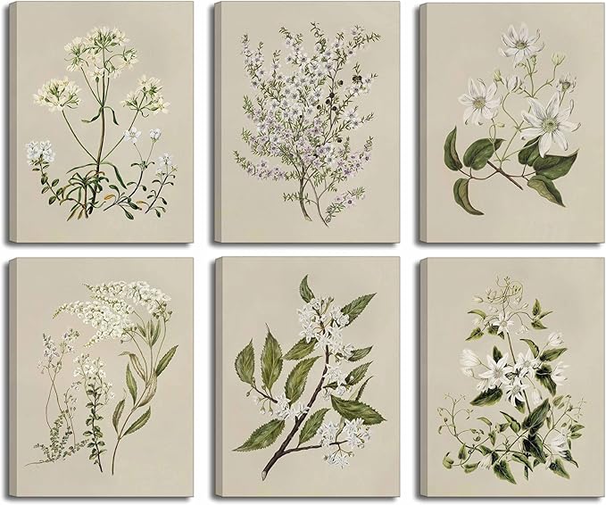 6 PCS Neutral Floral Canvas Wall Art Vintage Rustic Farmhouse Flower Botanical Painting Picture Wall Decor Poster Print Artwork for Living Room Bedroom Home Decoration