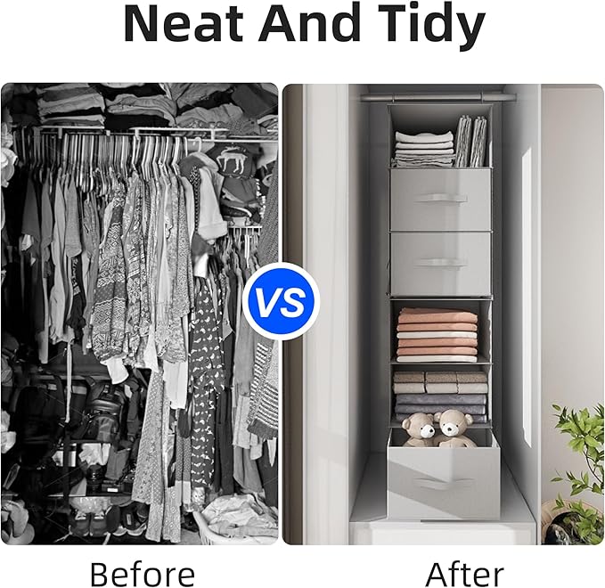 Twira 6-Shelf Hanging Closet Organizer, 2 Separable 3-Shelf Hanging Shelves, Hanging Storage with 3 Removable Drawers 4 Side Pockets, Storage Organizer for Closet, Nursery (Light Grey)