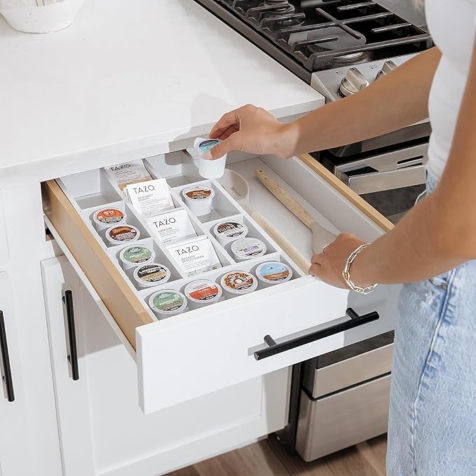 Tea Bag and Coffee Pod Kitchen Drawer Organizer, Expandable 9.7 to 17 Inches, 10 Storage Compartments, Adjustable Wall Inserts, Non-Slip Feet, Food-Safe White Finish, 100% Bamboo Wood