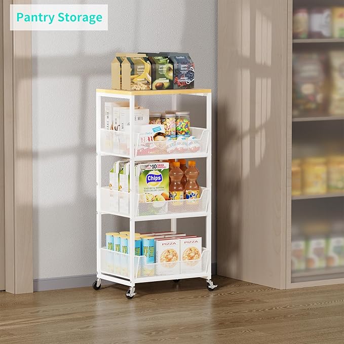 HapiRm Fruit Basket Kitchen Cart - 4-Tier Rolling Storage Cart with Wheels, Wood Top Utility Pantry Cart for Vegetables, Potatoes, Onions, Bread, Snacks