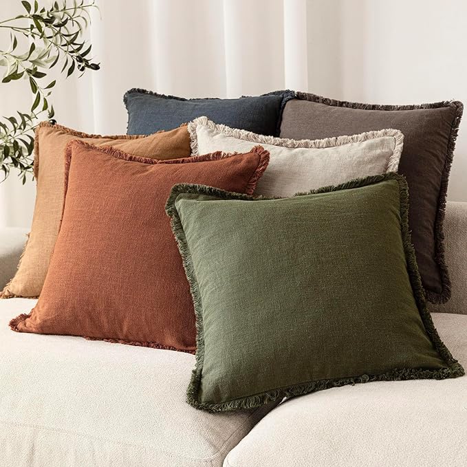 Foindtower Set of 2 Decorative Linen Fringe Throw Pillow Covers Farmhouse Cushion Cover with Tassels Soft Accent Pillowcase for Couch Chair Sofa Bed Living Room Home Decor,24×24 Inch,Fall Rust Orange