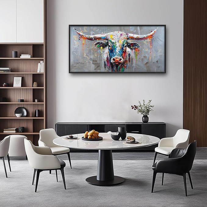 Cow Large Framed Wall Art Abstract Colorful Cow Pictures Graffiti Oversized Wall Decor Canvas Print Painting Aesthetic Modern Artwork for Living Room Bedroom Office Bathroom Home Decor 60L x30W