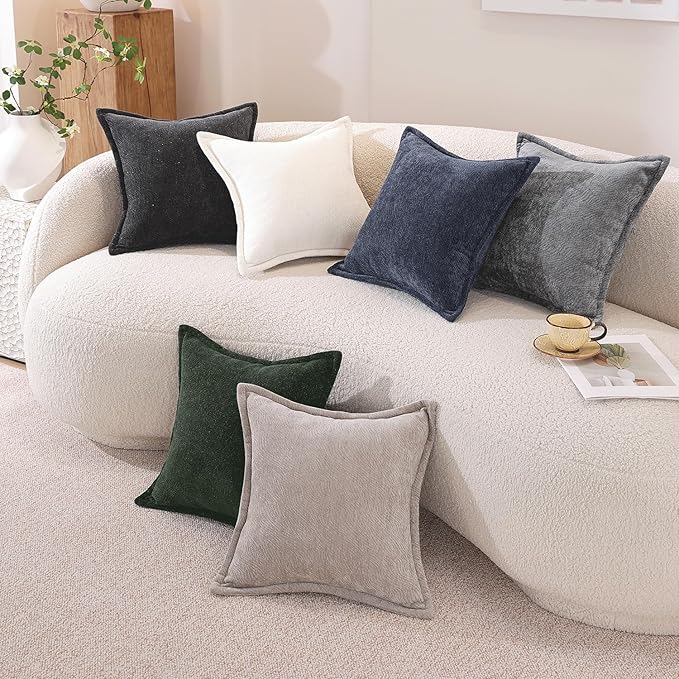 AVOIN colorlife Pale Coffee Chenille Throw Pillow Covers 18 x 18 Inch Set of 2, Soft Cozy Bound Edge Design Home Decor Cushion Case for Living Room Bed Sofa Coach