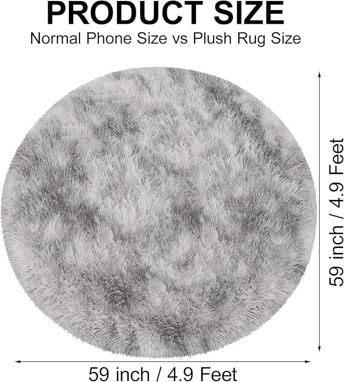 5x5 ft Tie Dye Grey Round Rug for Bedroom Room Fluffy Circle Rug Furry Carpet Shaggy Circular Fuzzy Washable Non-Slip Large Area Rug Soft Indoor for Living Room Cute Aesthetic Home Decor