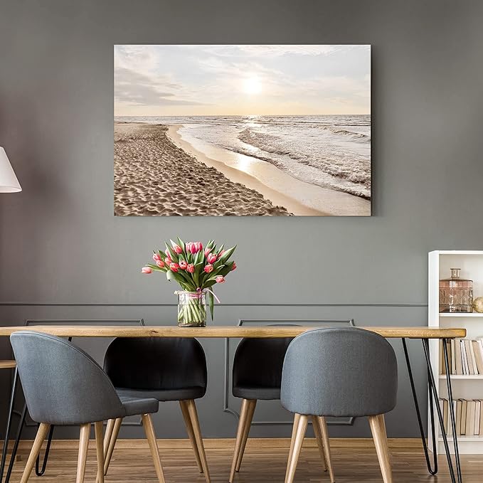 Coastal Beach Picture Wall Art: Ocean Sunset Sea Waves Canvas Prints Large Contemporary Tropical Sands Scenery Painting Nature Seaside Seascape Artwork for Bathroom Bedroom Office