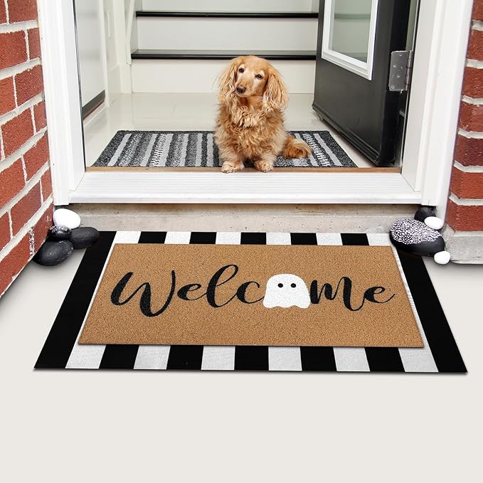 2 Pcs Halloween Door Mat Ghost Welcome Non Slip Coir Mats Cute Black White Stripe Floor Layering Doormats Seasonal for Front Porch Entryway Decor(White Ghost)