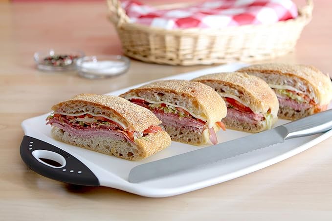 Dexas Chop & Serve Cutting Board, 12.5 by 20 inches, White with Black Handles (329-32-25)