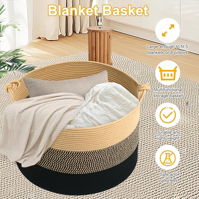 Laundry Basket,20''x13''Woven Cotton Rope Laundry Hamper,Blanket Basket for Living Room;Toy Storage Basket for Organizing;Baby basket;Nursery Hamper,Clothes Hamper for kids(Yellow/Black)