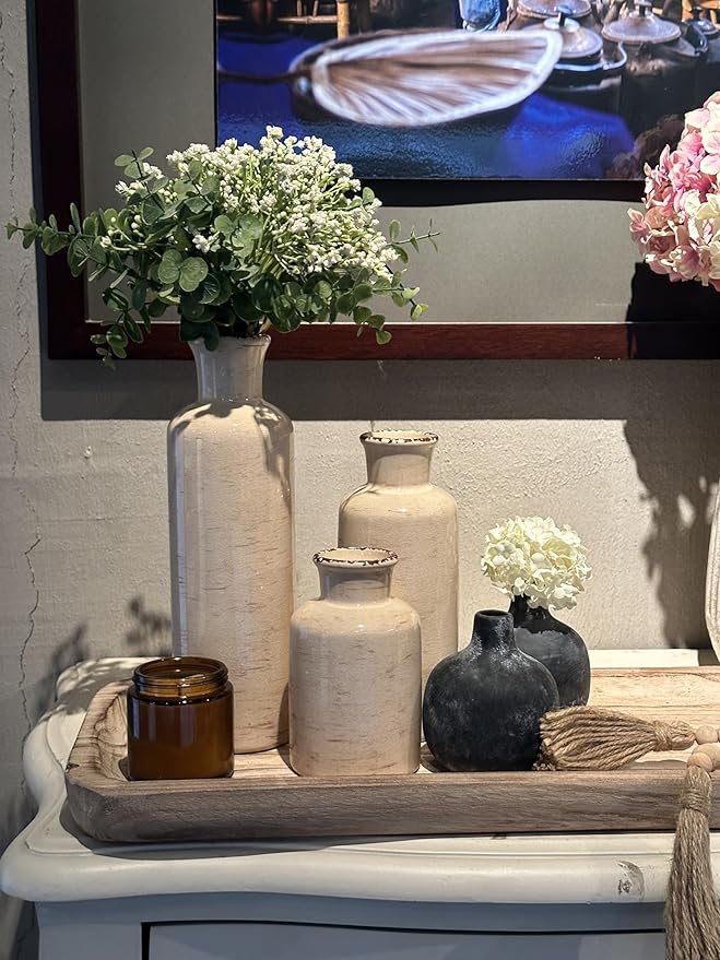 CwlwGO- Ceramic Rustic Vase 3 Piece Set,Small vase for Country Home Decoration,Modern Farmhouse Decor, Living Room Table Decoration, Bookcase, Fireplace and Entrance Decorations.(White)