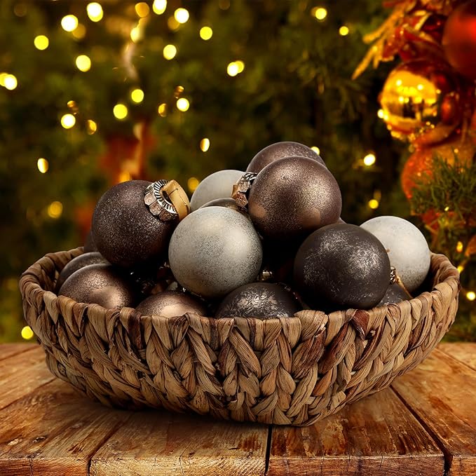 24 Pcs Neutral Textured Christmas Ball Ornaments 2.36'' Vintage Christmas Tree Decor Modern Rustic Brown Ornaments with Loop Shatterproof Hanging Ball for Xmas Farmhouse Decor (Dark Brown)
