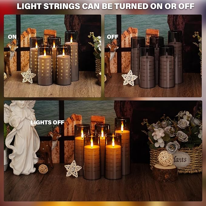 Flameless Candles with Embedded Star String - Flow Flicker Battery LED Candles, Realistic Flame, Grey Set of 5 | Holiday Decoration, Wedding, Party Adding to The Family Atmosphere