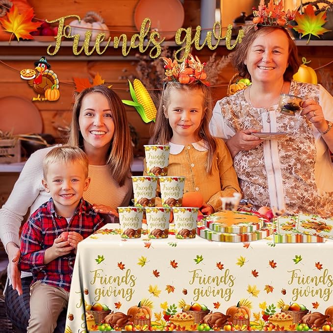 Friends Giving Party Decorations,142Pcs Fall Tableware Includes Paper Plates,Tablecloth,Cups Autumn Pumpkin Maple Turkey Theme Decorations for Friends Giving Holiday,Fall Decoration
