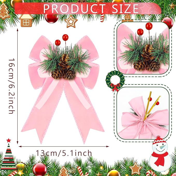 Syhood 6 Pcs Christmas Velvet Bow with Pine Cones Pine Needles Berries Xmas Pink Ribbon Bow Ornaments 6.3 x 5.1 Inch for Christmas Tree Wreath Garden Fireplace Crafts DIY Decor