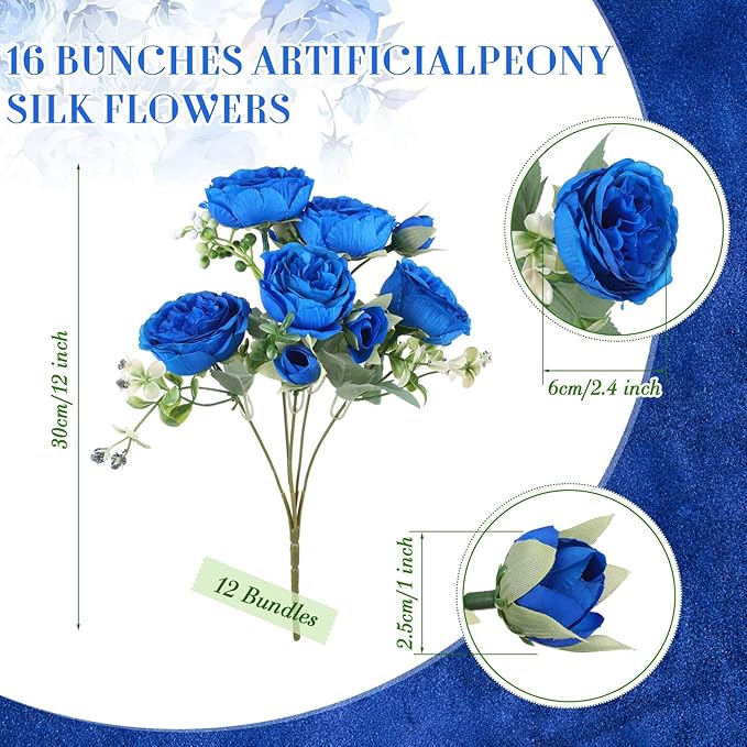 Geosar 16 Bundles Artificial Peonies Flowers Fake Silk Peony Bouquet Faux Peonies Flowers Bulk for Decoration Vase Florals Arrangements Wedding Party Table (Royal Blue)