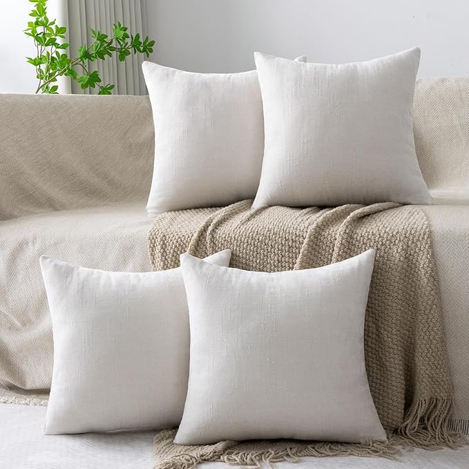 Set of 4 Soft Textured Decorative Throw Pillow Covers 24x24 Inch Cozy Farmhouse Cushion Cover Square Accent Pillow Cases for Bed Couch Sofa Living Room, Cream White