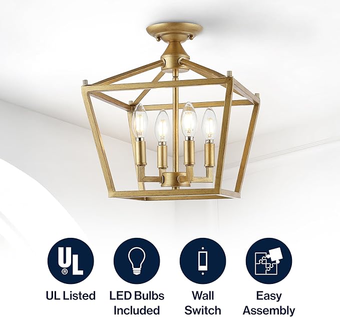 JONATHAN Y JYL7610B Plains Mini Lantern 12" 4-Light Iron Modern Farmhouse LED Flush Mount, Rustic, Industrial, Dimmable, 2700K Cozy Warm Light Kitchen, Hallway, Bathroom, Stairwell, Brass Gold