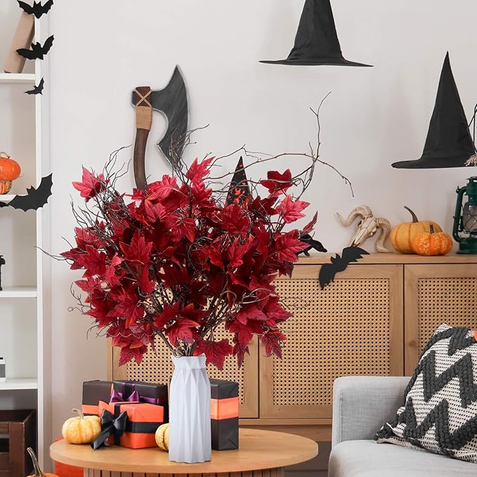 12 Pcs 19.7 Inch Artificial Halloween Flowers Decorations Burgundy Floral Stem Leaves Picks Branches Gothic Halloween Table Decorations for Home Indoor Party Vase Arrangement Decor