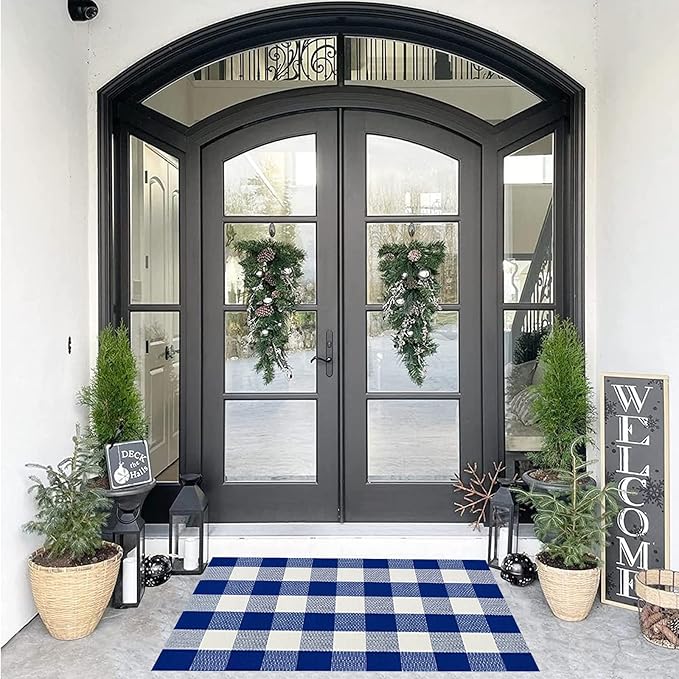 SEEKSEE Cotton Buffalo Plaid Rug 27.5"x43" Blue and White Checked Rug Washable Doormats Indoor Outdoor Rugs for Layered Front Door Mats, Porch, Kitchen, Farmhouse, Entryway