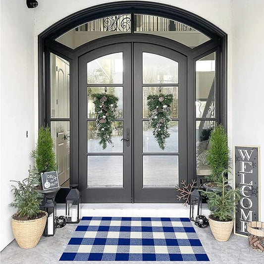 SEEKSEE Cotton Buffalo Plaid Rug 27.5"x43" Blue and White Checked Rug Washable Doormats Indoor Outdoor Rugs for Layered Front Door Mats, Porch, Kitchen, Farmhouse, Entryway