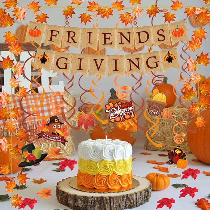 FRIENDSGIVING Burlap Banner Paper Triangular Bunting Maple leaf Garland Plastic Streamer for Thanksgiving Day Party Decoration