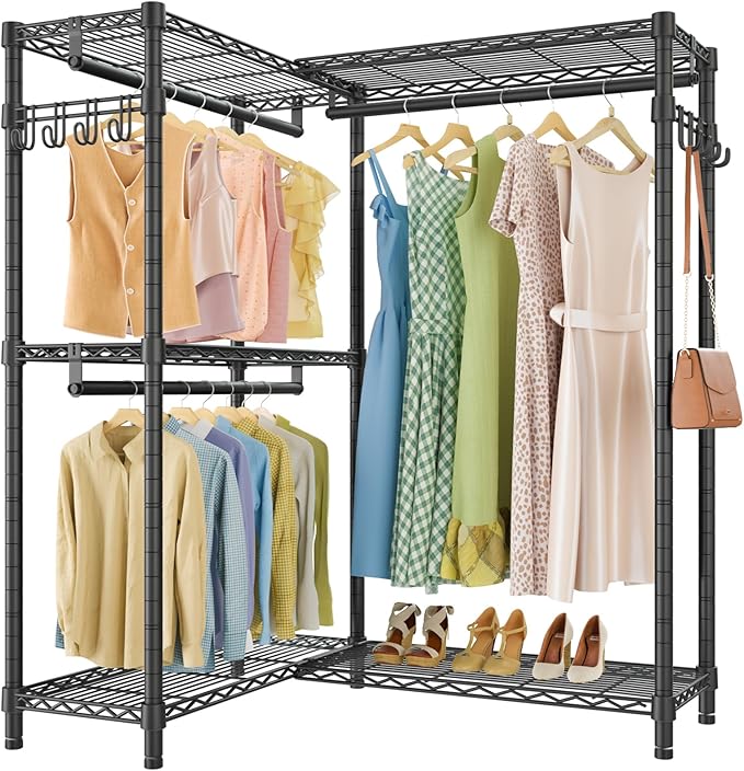VIPEK L4 Garment Rack L Shaped Clothes Rack for Corner, Freestanding Portable Wardrobe Closet Heavy Duty Clothing Rack with 3 Hanging Rods & 2 Side Hooks, 43.3"Lx29.1"Wx76.4"H, Max Load 810LBS, Black