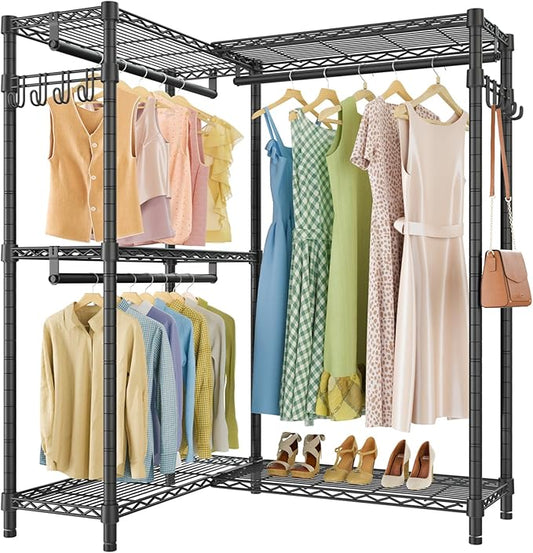 VIPEK L4 Garment Rack L Shaped Clothes Rack for Corner, Freestanding Portable Wardrobe Closet Heavy Duty Clothing Rack with 3 Hanging Rods & 2 Side Hooks, 43.3"Lx29.1"Wx76.4"H, Max Load 810LBS, Black