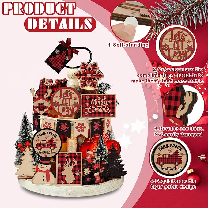 17 Pcs Christmas Tiered Tray Decor Set Winter Tiered Tray Decorations Farmhouse Tabletop Centerpiece Christmas Wooden 3D Sign for Xmas Home Buffalo Plaid Rustic Table Decoration(Retro)