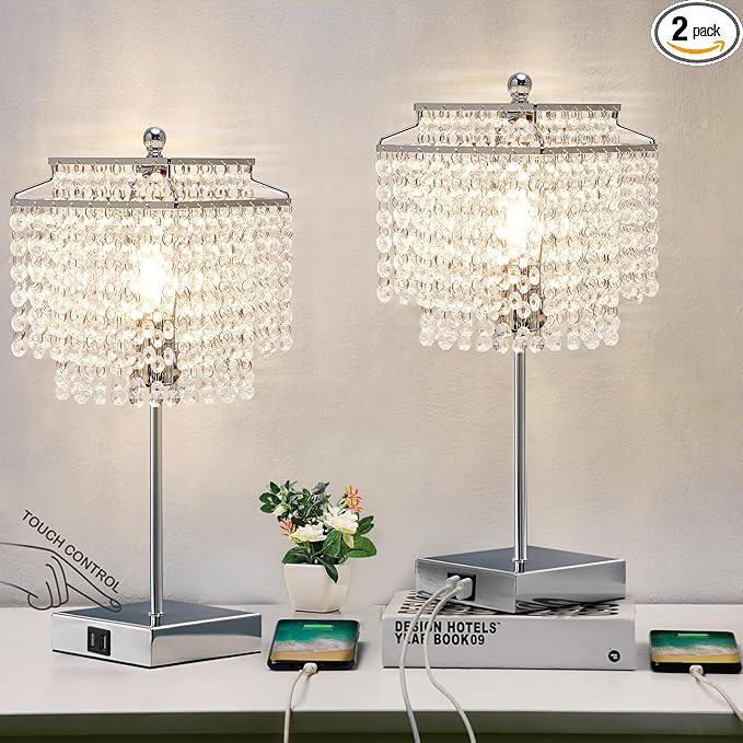 Luvkczc Crystal Table Lamp with Touch Control Set of 2, USB Bedside Table Lamp with USB C+A Ports, 3-Way Dimmable Lamp with Crystal Shade for Bedroom, Living Room, 6W LED Bulb Included