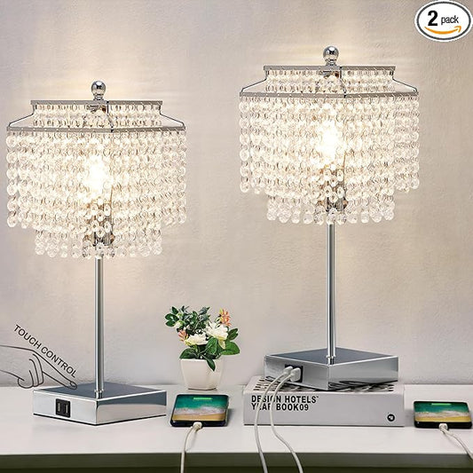 Luvkczc Crystal Table Lamp with Touch Control Set of 2, USB Bedside Table Lamp with USB C+A Ports, 3-Way Dimmable Lamp with Crystal Shade for Bedroom, Living Room, 6W LED Bulb Included