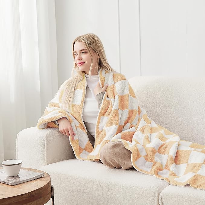 JOOJA Soft Cozy Checkerboard Peach Blanket Fluffy Knit Throw for Couch Plaid Checkered 60x80 in