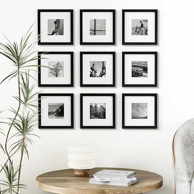 Vittanly 8x8 Picture Frames Set of 9, Shatter Resistant Plexiglass, Display 4x4 Pictures with Mat or 8x8 without Mat, Photo Frames for Wall Mount, Engineered Wood, Black